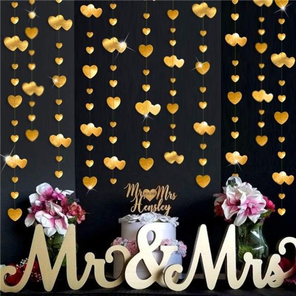 52 Ft Gold Heart Garlands Golden Hanging Banner Streamer for Day Valentines - Picture 3 of 5